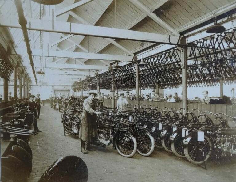 Early 1920s motorcycle assembly shop.
