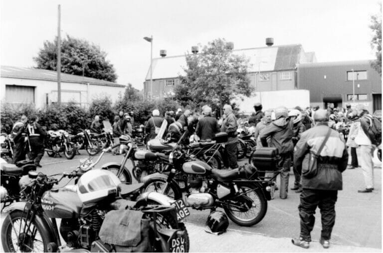 The motorcycles and riders at the site of the old Enfield works in Redditch